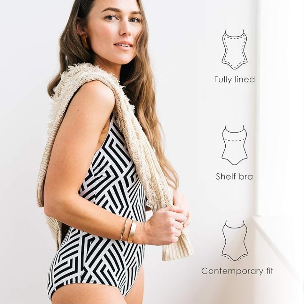 DOWNEAST "Bedford" Geometric Swimsuit Strappy Crisscross Straps Crosshatch Small - Picture 3 of 14